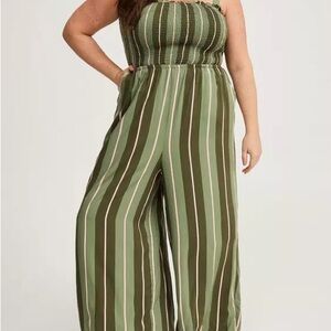 Torrid A-line Maxi Green Striped Wide Leg Jumpsuit